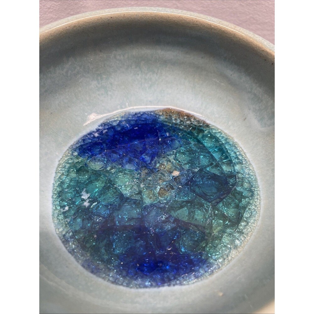 Studio Art Pottery Bowl Dish Signed 6” Diameter 3" Tall Crushed Glass Bottom EUC - Picture 2 of 9